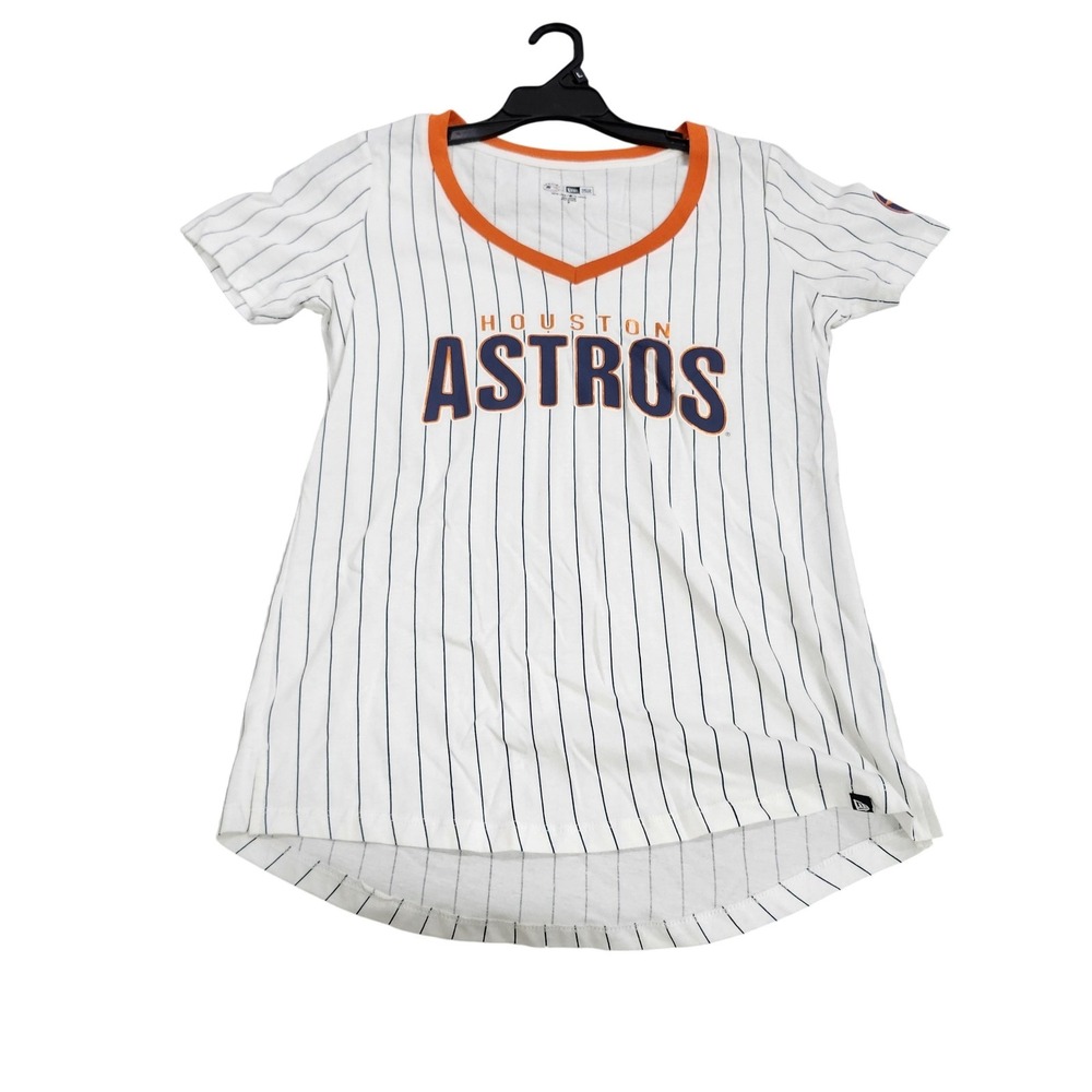 Houston Astros Shirt Womens M White MLB Baseball New Era Pinstripe V Neck